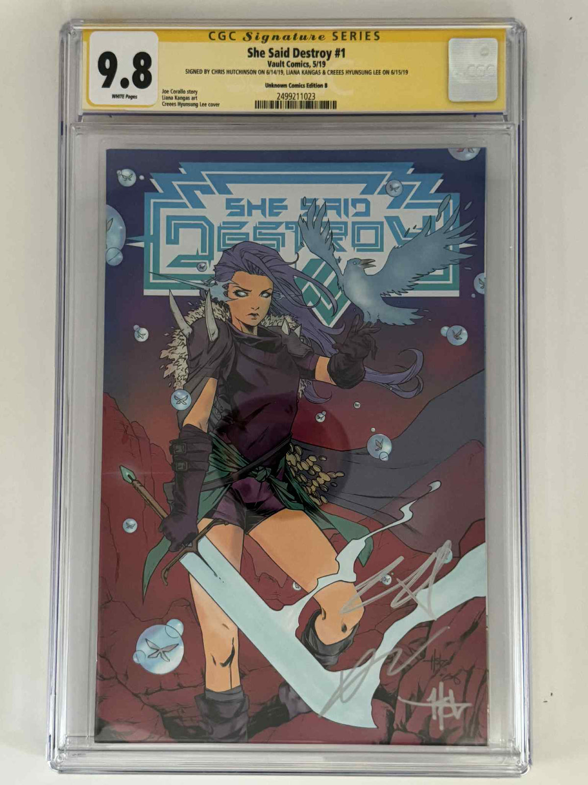 [Triple Signed by Chris Hutchinson | Liana Kangas | Creees Hyunsung Lee] She Said Destroy #1 CGC 9.8 Yellow Label Creees Exclusive Variant