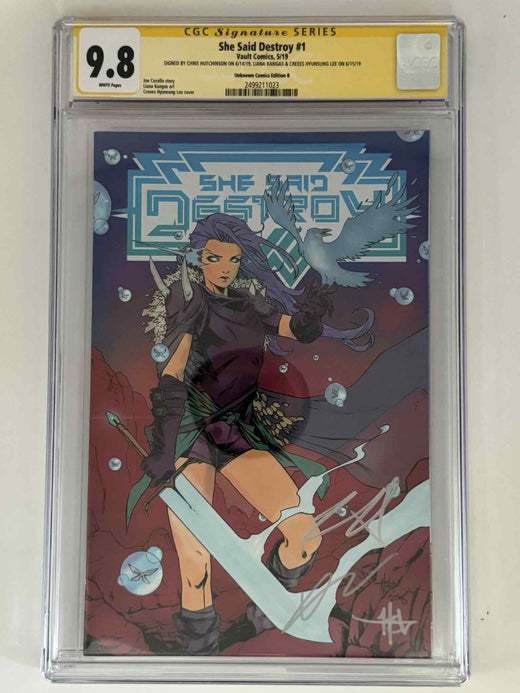 [Triple Signed by Chris Hutchinson | Liana Kangas | Creees Hyunsung Lee] She Said Destroy #1 CGC 9.8 Yellow Label Creees Exclusive Variant