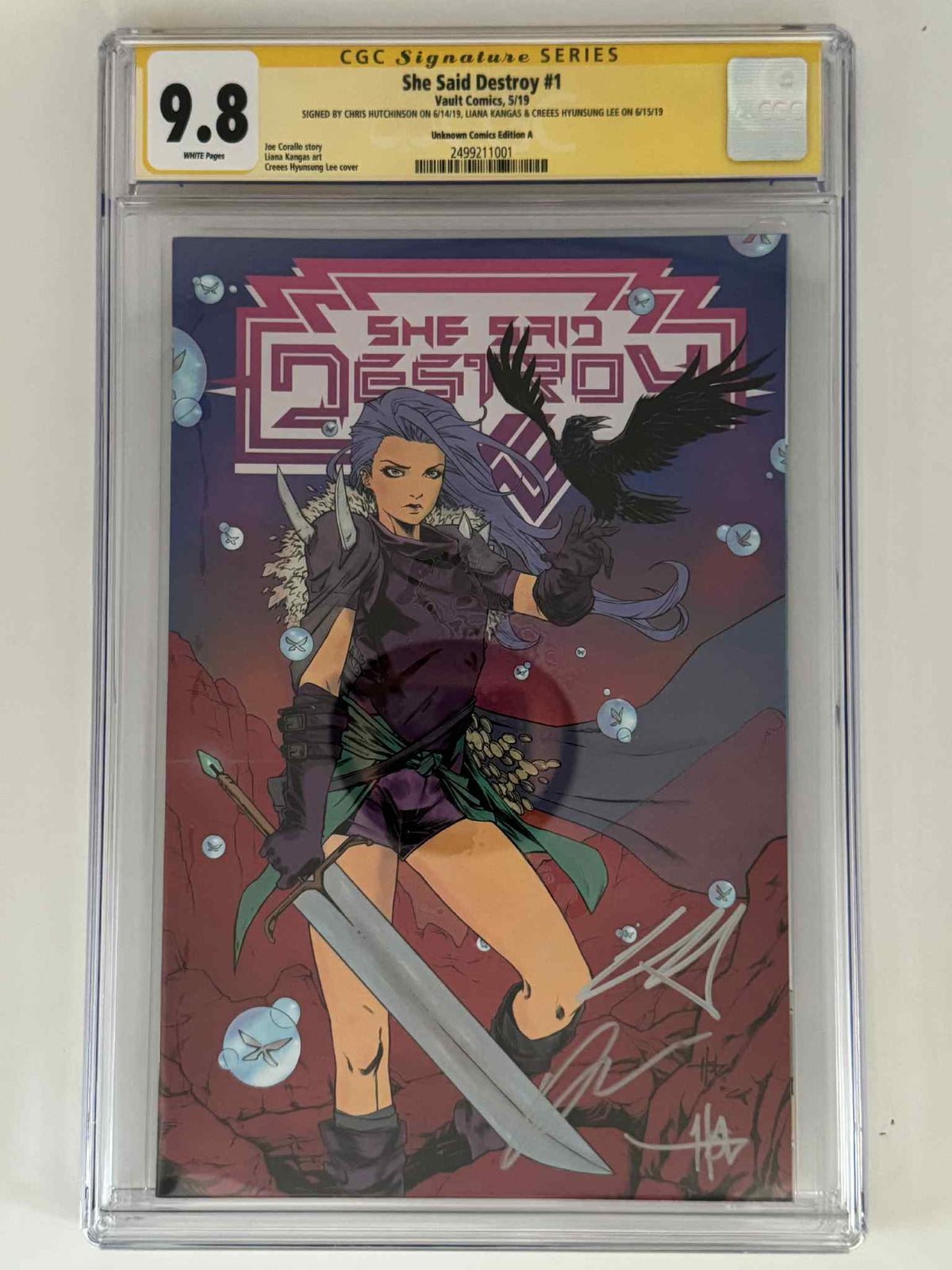 [Triple Signed by Chris Hutchinson | Liana Kangas | Creees Hyunsung Lee] She Said Destroy #1 CGC 9.8 Yellow Label Creees Exclusive Variant