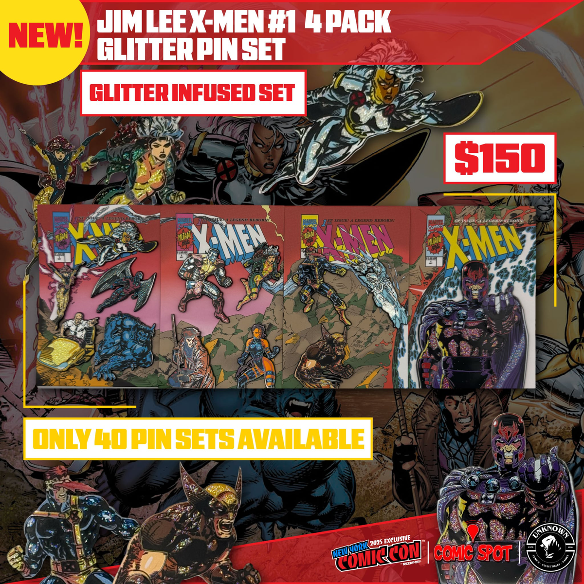 Jim Lee X-Men #1 4 Pack Exclusive Enamel GLITTER NYCC EXCLUSIVE Pin Set Only 250 Made (10/22/2025)